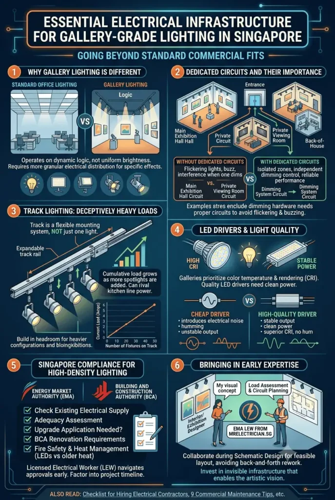 Infographic showing essential electrical infrastructure for gallery lighting in Singapore Infographic showing essential electrical infrastructure for gallery lighting in Singapore